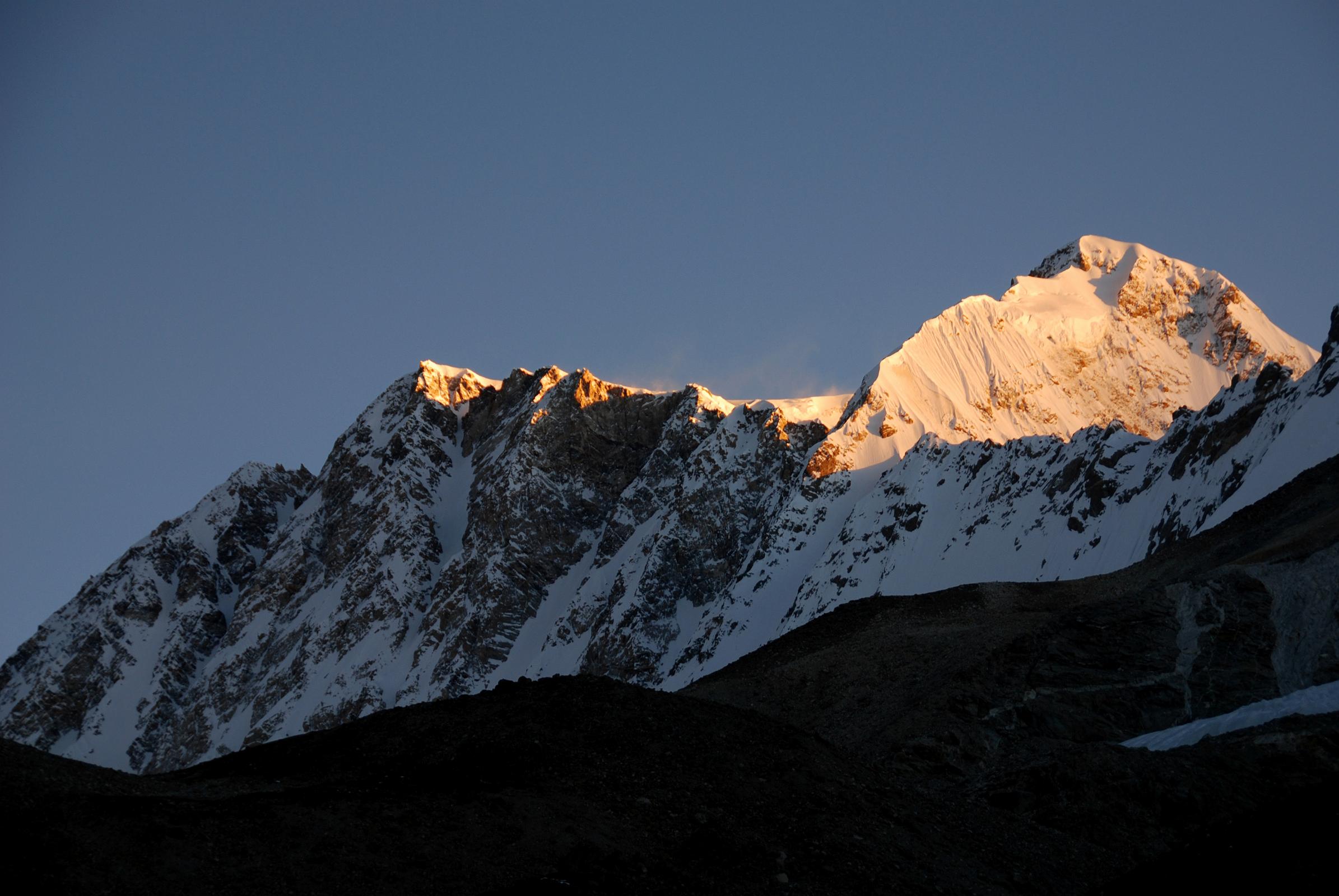 41 Shishapangma Southwest Face And Pungpa Ri At Sunrise From Advanced Base Camp Shishapangma (8012m) Southwest Face stretches to Pungpa Ri (7445m) at sunrise from Shishapangma Southwest Advanced Base Camp.